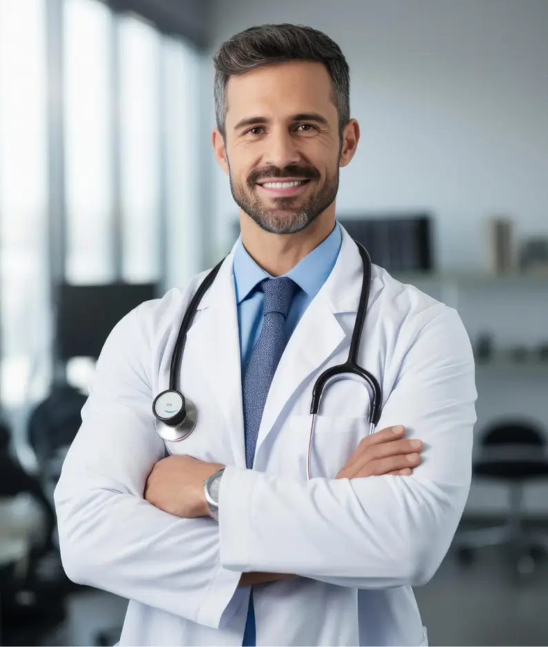 Smiling doctor ready to answer your questions